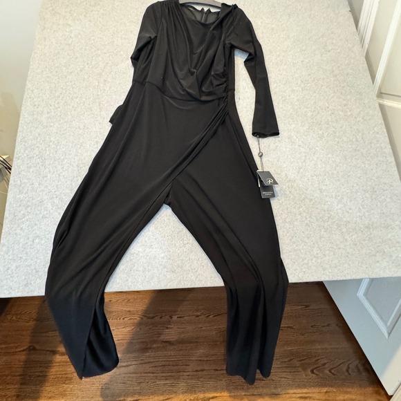 Adrianna Papell Black Draped Mesh Sleeve Jumpsuit Evening Dress Pant Size 12 New - Picture 7 of 10